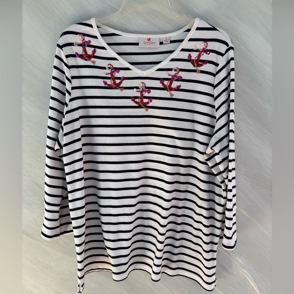 Quaker Factory 1X White Striped Anchor Sequin 3/4 Sleeve Blouse Coastal Beachy